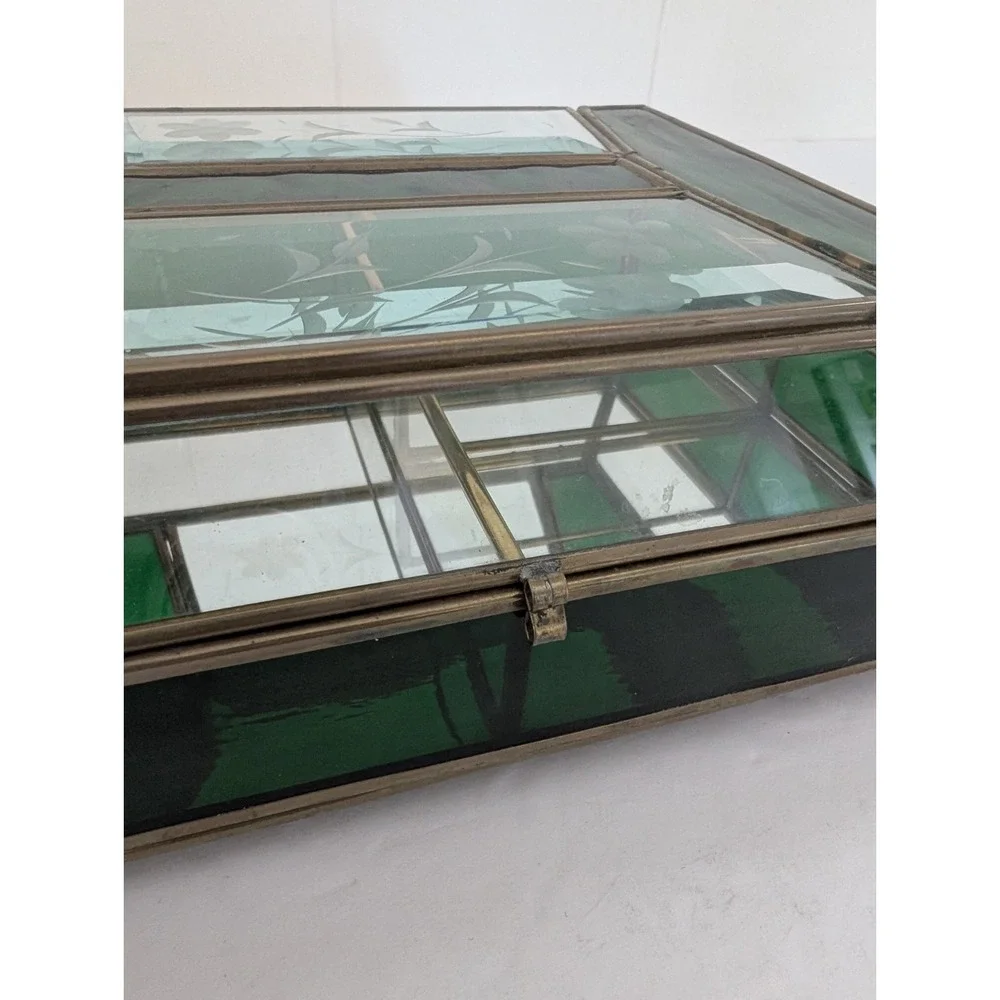 Jewelry Box Etched Floral Stained Glass Green Clear Vintage Glass Trinket FLAW - Picture 9 of 16
